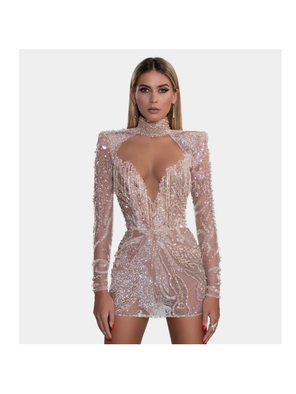 ALBINA DYLA rose nude sequin mini dress with long sleeves and high neck 
size 0
